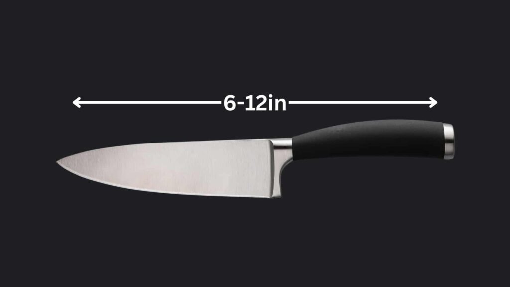 A kitchen knife against the black background. The knife length is annotated with a measurement indicating a size range of 6 to 12 inches.